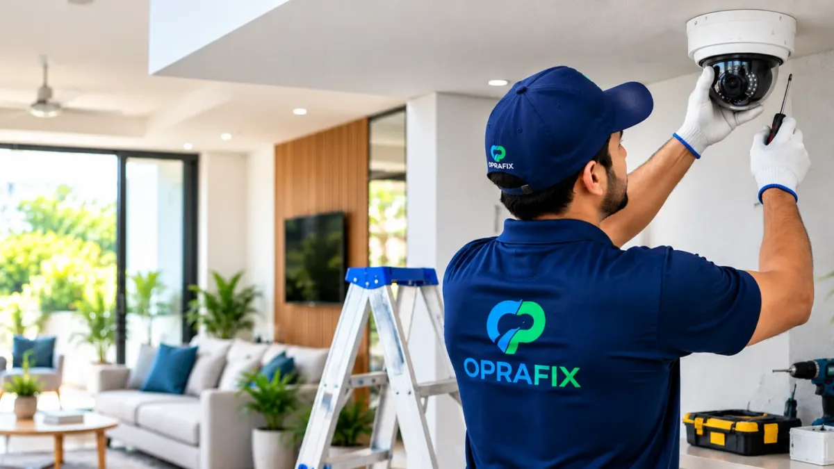 Technician installing a dome CCTV camera on an indoor wall for a home or business in Delhi NCR