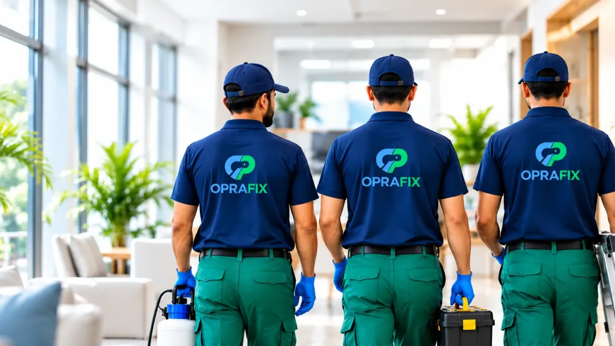 Three property service professionals in uniform carrying cleaning and pest control equipment