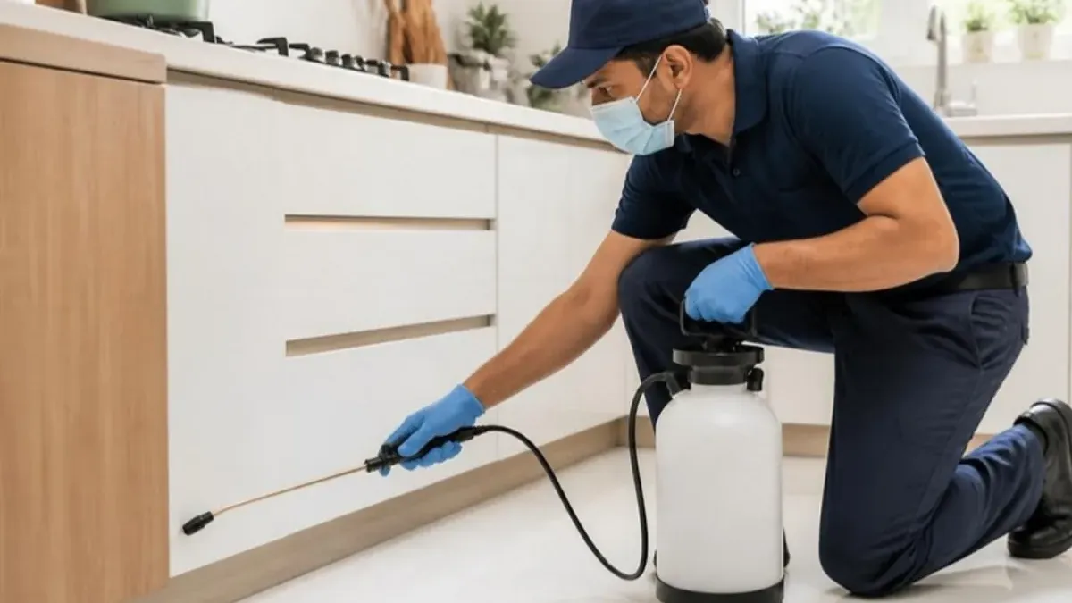 Pest control technician treating kitchen cabinets, a common hiding place for cockroaches in Delhi NCR homes