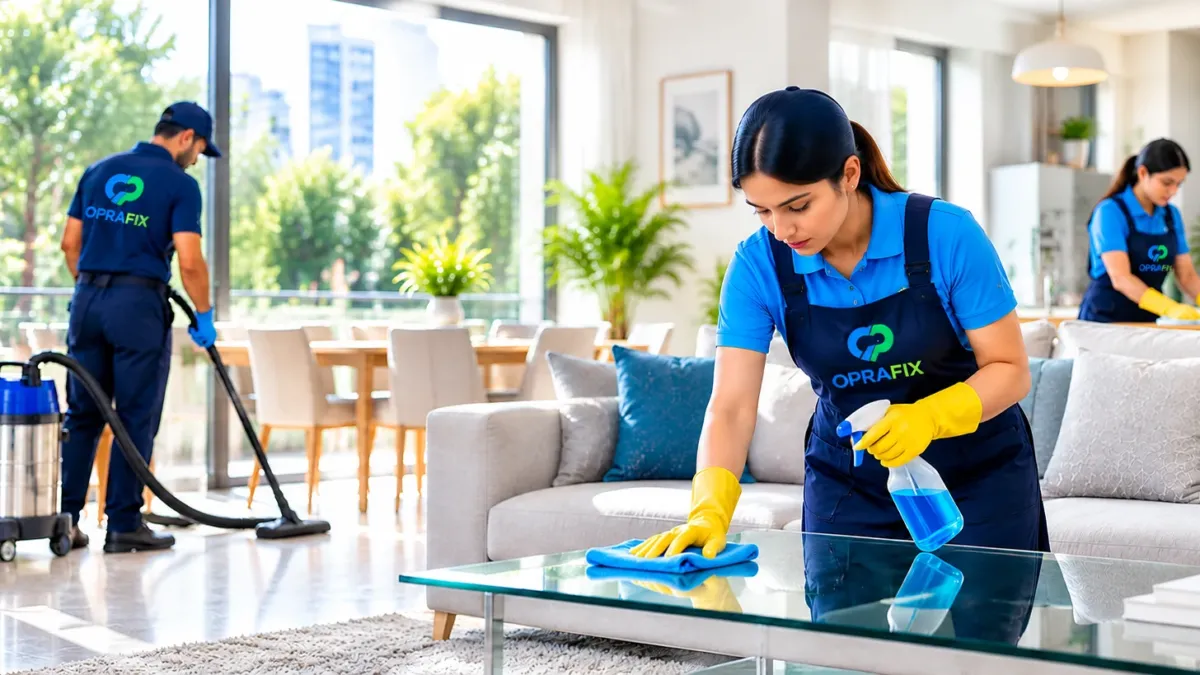 Cleaning professionals deep cleaning a bright modern living room in a Delhi NCR apartment
