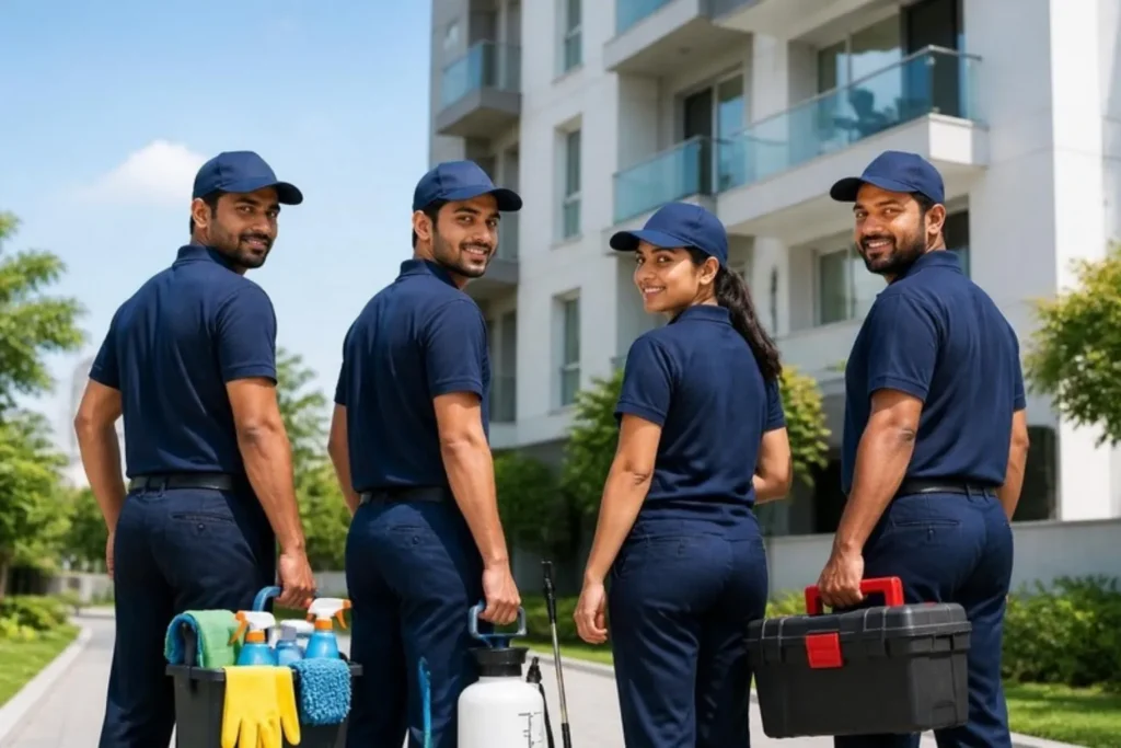 Property service professionals in front of an apartment building