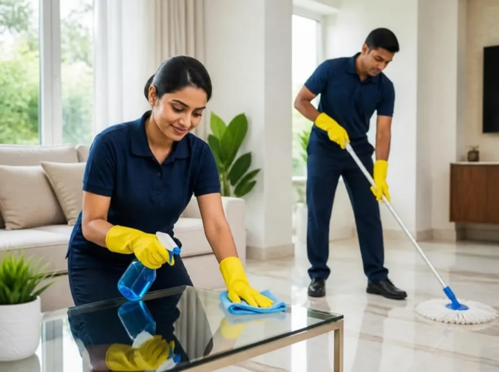 Cleaning professionals cleaning a bright living room