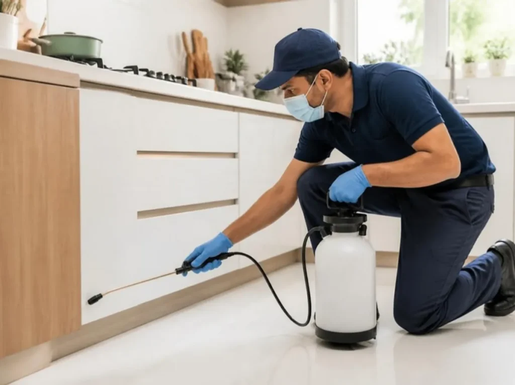Pest control technician treating kitchen cabinets