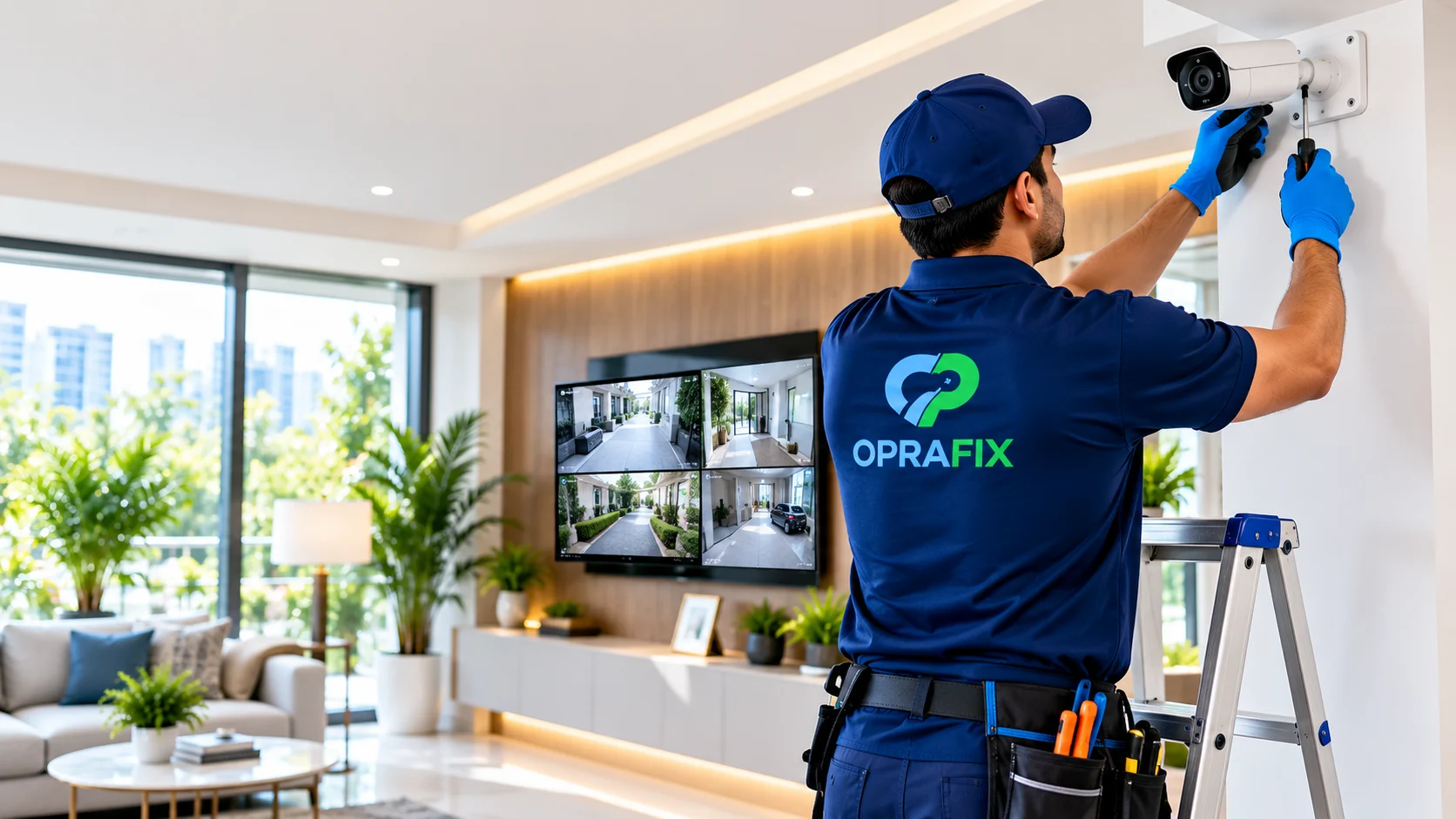 Oprafix technician installing a CCTV camera on a wall