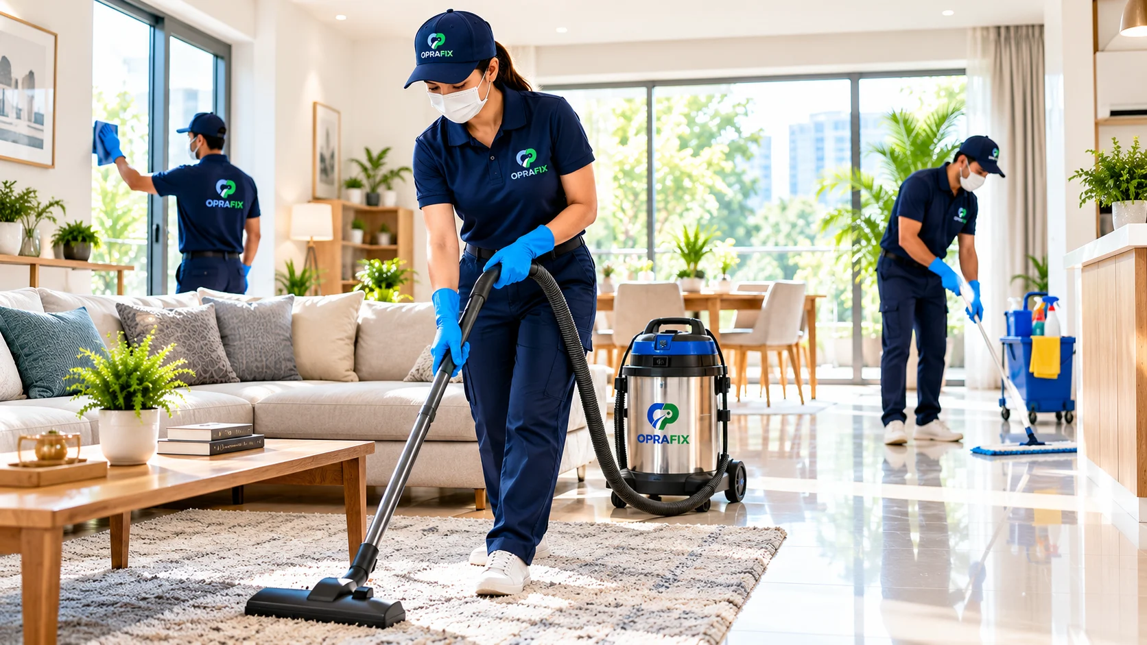 Oprafix cleaning team vacuuming and cleaning a modern apartment