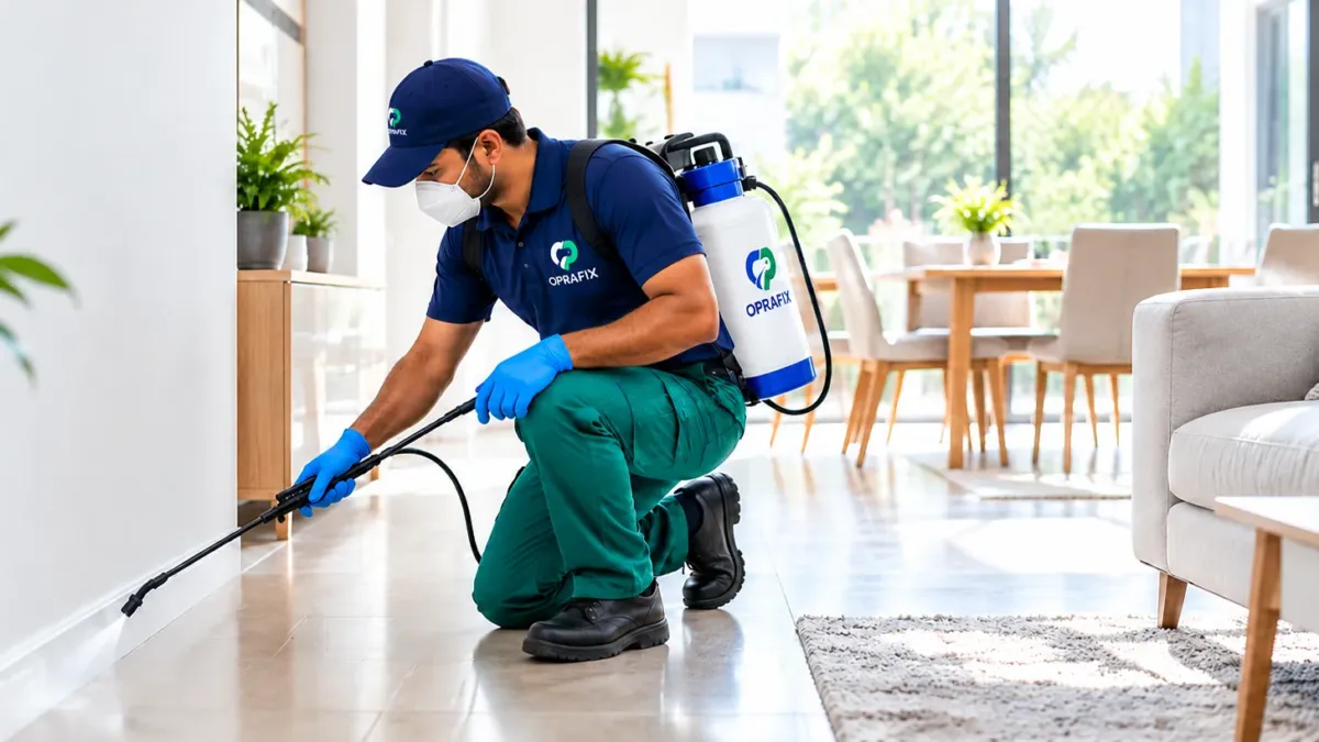 Pest control technician applying treatment along the wall of a bright living room in a Delhi NCR home