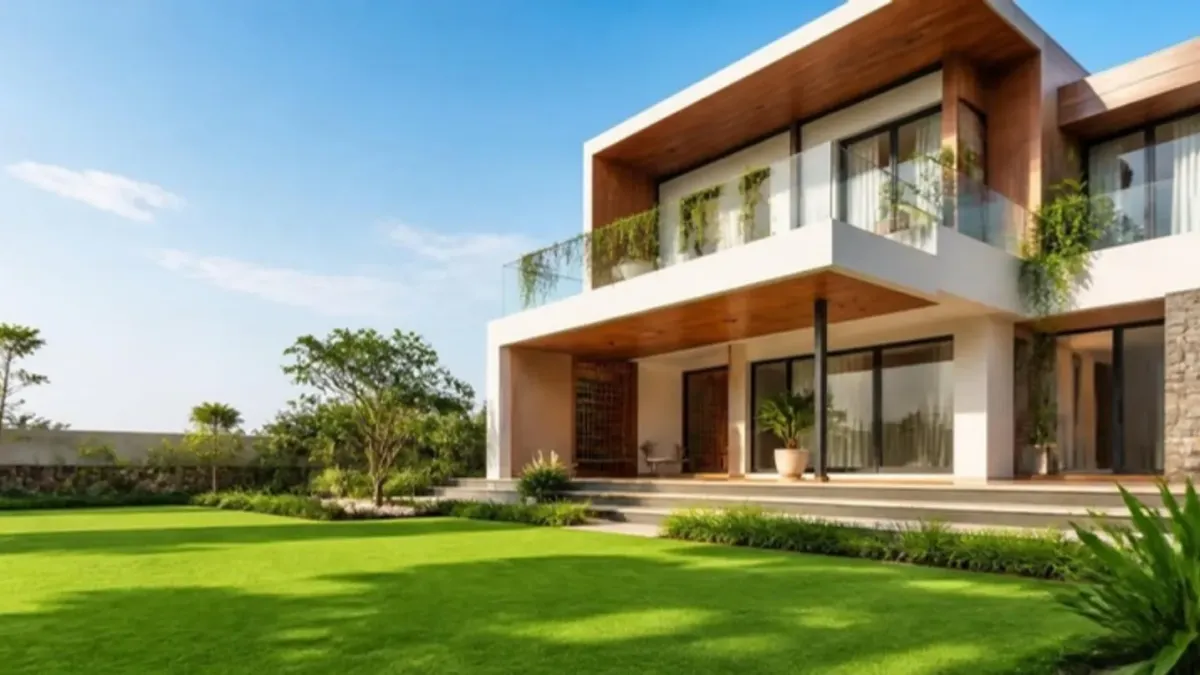 Well-maintained modern home with a green lawn, ready for every season in Delhi NCR